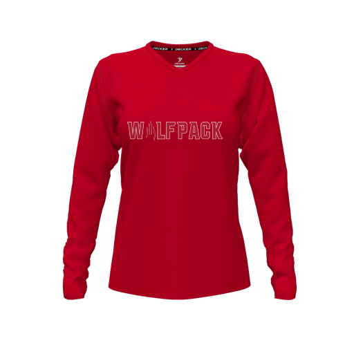 [CUS-DFW-TEES-CMF-VNK-LSL-RED-FYXS-LOGO1] Decker Comfort T-Shirt (Female Youth XS, Red, V Neck, Logo 1, Long Sleeve)