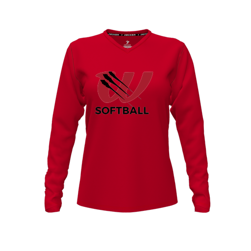 [CUS-DFW-TEES-PER-VNK-LSL-RED-FYXS-LOGO2] Performance T-Shirt (Female Youth XS, Red, V Neck, Logo 2, Long Sleeve)